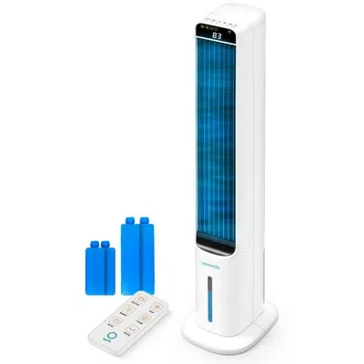 Serenelife Evaporative Air Cooler Tower With Remote, 5l Tank, 4 Ice Boxes, 3 Speeds, Quiet Standing Cooler With In White