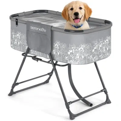 Serenelife Foldable Dog Bath Tub With Adjustable Height, 360° Access, Drain Hose & Storage Pockets – 130 Lb Cap In Silver