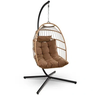 Serenelife Foldable Egg Chair With Stand – Hanging Rattan Wicker Swing For Indoor Outdoor Use – 350 Lbs Capacit In Natural,brown
