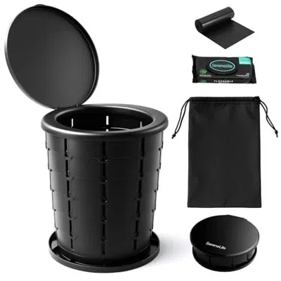 Serenelife Foldable Toilet Seat For Camping, Adjustable Height Portable Travel Potty With Lid, Carry Bag, Non-s In Black