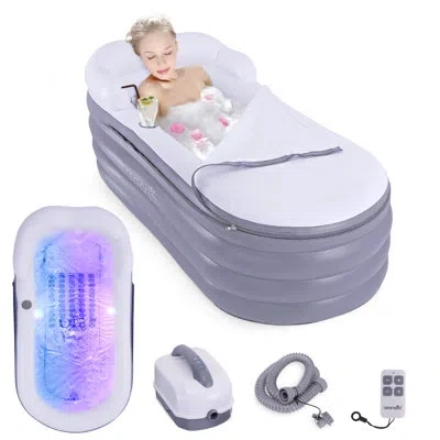 Serenelife Inflatable Bathtub With Bubble Massage Mat, Comes With A Matching Inflatable Pillow, Cup Holder & Re In Silver