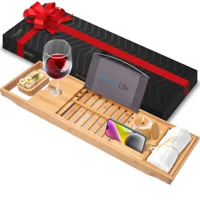 Serenelife Natural Bamboo Bathtub Caddy - Extendable & Adjustable Tray, Ergonomically Designed With Integrated  In Natural Color