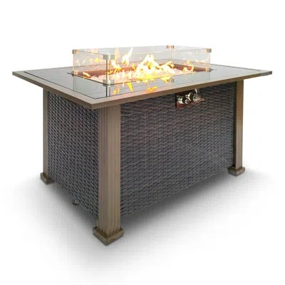 Serenelife Outdoor Propane Fire Pit Table, Glass Wind Guard, 50,000 Btu, Tank Hideaway In Black