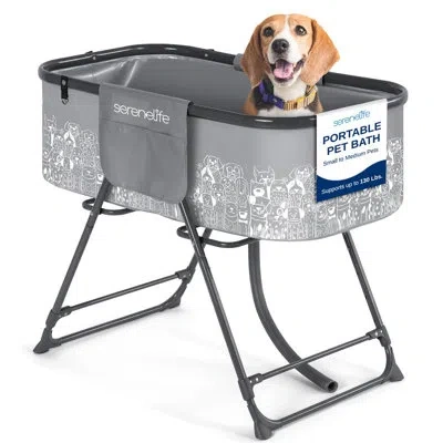 Serenelife Portable Dog Bath Tub With Two Side Pockets And Built-in Drain System - Includes Three-point Leash R In Gray + Black