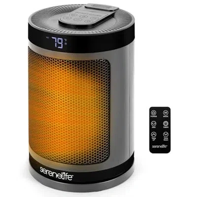 Serenelife Portable Space Heater – 1500w Ptc Ceramic Electric Heater With Thermostat, Remote, 12-hour Timer, 3  In Silver