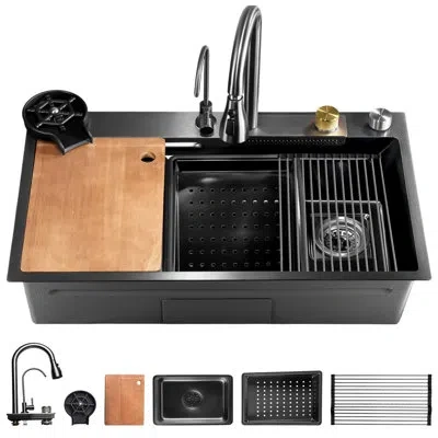 Serenelife Stainless Steel Kitchen Sink | Undermount & Drop-in Installation |13 Gauge & 30"l X 18"w X 9"h In |  In Black