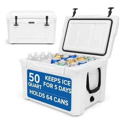 Serenelife Ultra-tough 50 Quart Rotomolded Cooler Box, Holds Upto 64 Cans, Keeps Ice Up To 5 Days, Heavy-duty I In White