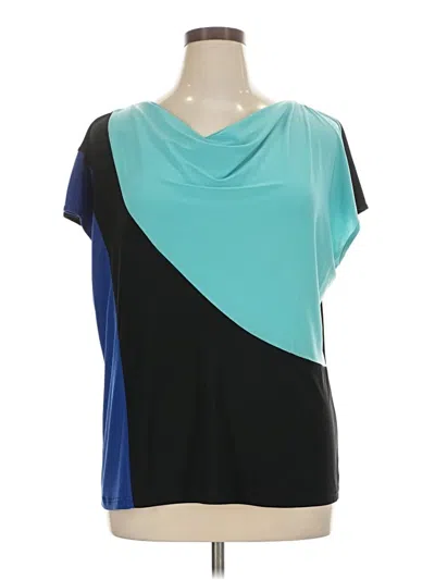 Pre-owned Serengeti Short Sleeve Top Teal Color Block Pattern Cowl Neck Tops