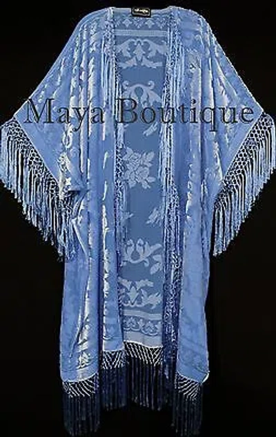 Pre-owned Serenity Blue Fringe Jacket Kimono Duster Silk Burnout Velvet Maya Matazaro Plus