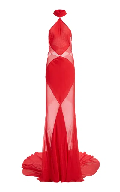 Sergio Hudson Bias-cut Halter Silk Chiffon Evening Gown In Red