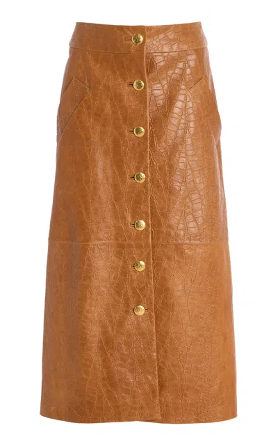 Sergio Hudson Button Front Leather Skirt In Tan