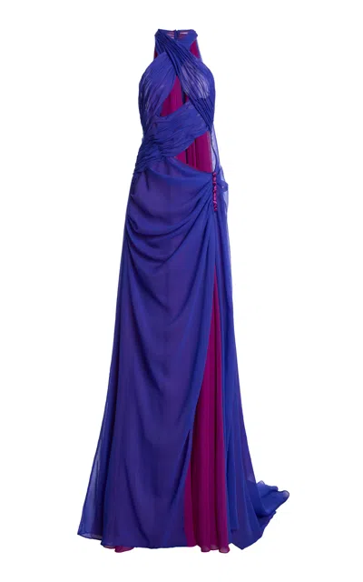 Sergio Hudson Cross-neck Silk Chiffon Button-skirt Gown In Blue