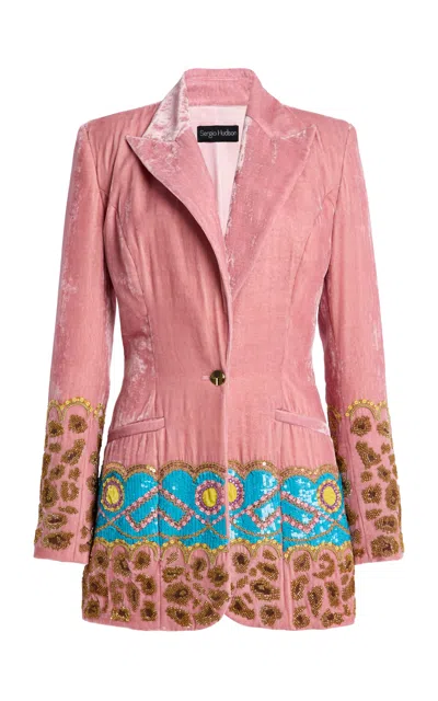 Sergio Hudson Embellished Velvet Long Blazer In Pink