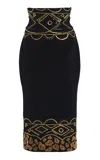 Sergio Hudson Embroidered Corset Wool Crepe Pencil Skirt In Black