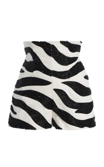 Sergio Hudson Embroidered Denim Corset Mini Shorts In Animal Print