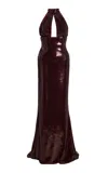 Sergio Hudson Halter Neck Corset Sequin Evening Gown In Burgundy