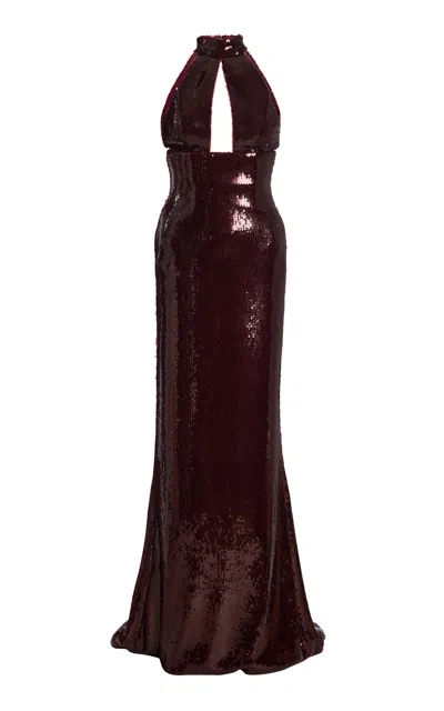 Sergio Hudson Halter Neck Corset Sequin Evening Gown In Burgundy