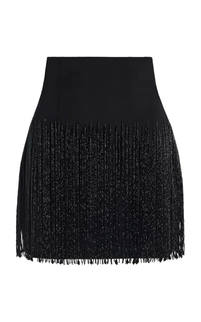 Sergio Hudson Hand-embroidered Fringed Stretch Crepe Mini Skirt In Black
