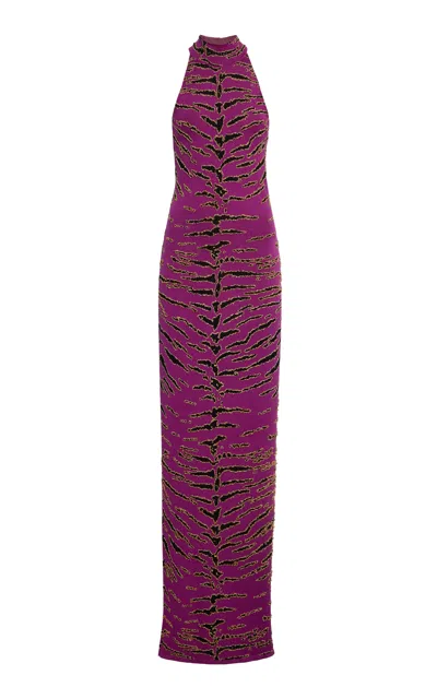 Sergio Hudson Hand-embroidered Tiger-print Halter Midi Dress In Purple