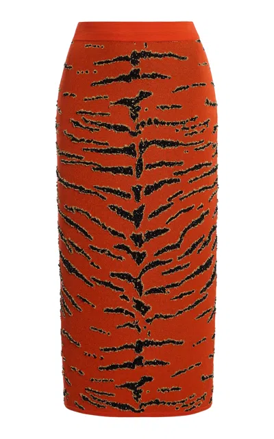 Sergio Hudson Hand-embroidered Tiger-print Pencil Skirt In Orange