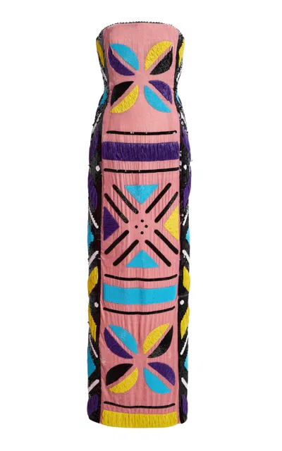 Sergio Hudson Multi-printed Embroidered Velvet Evening Gown In Pink