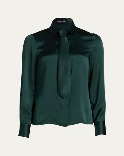 Sergio Hudson Neck-tie Button-front Blouse In Green