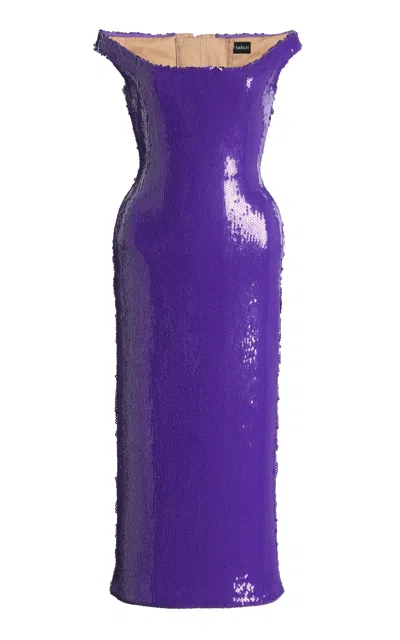 Sergio Hudson Off-the-shoulder Corset Sequin Midi Dress In Purple
