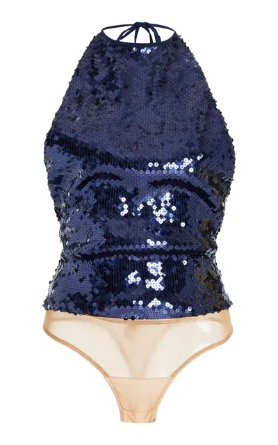 Sergio Hudson Sequined Halter Bodysuit In Navy