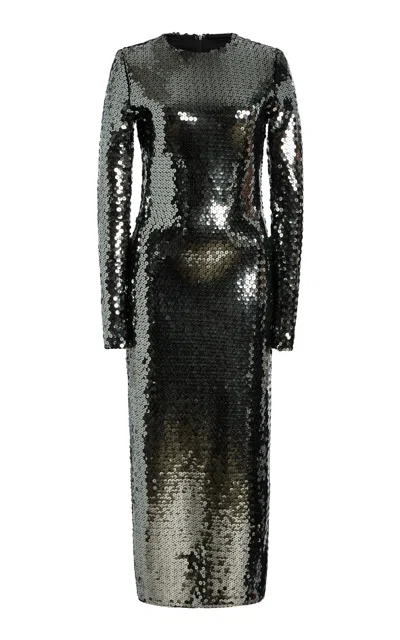 Sergio Hudson Sequined Long Sleeve Midi Dress In Dark Green