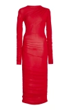 Sergio Hudson Sheer Ruched Stretch Wool Midi Dress In Red
