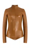 Sergio Hudson Stretch Leather Bodysuit In Tan