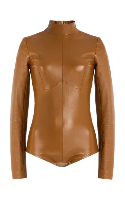 Sergio Hudson Stretch Leather Bodysuit In Tan