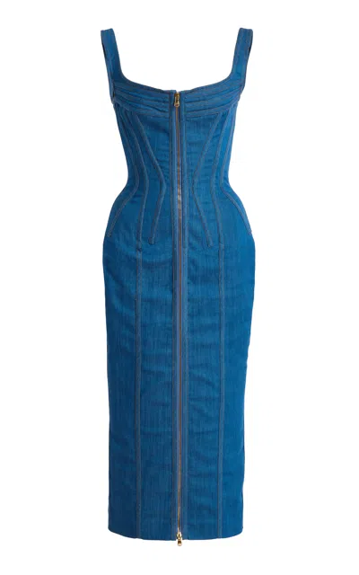 Sergio Hudson Topstich Corset Denim Midi Dress In Blue