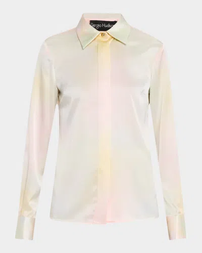 Sergio Hudson Watercolor Button-down Silk Blouse In Multi