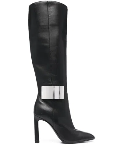 Sergio Rossi 100mm Logo-plaque Leather Boots In Black