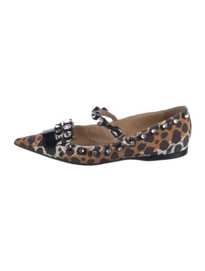 Pre-owned Sergio Rossi Animal Print Crystal Embellishments Mary Jane Flats In Neutral