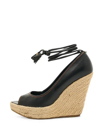 Pre-owned Sergio Rossi Ankle-tie Peep-toe Wedge Pumps In Black