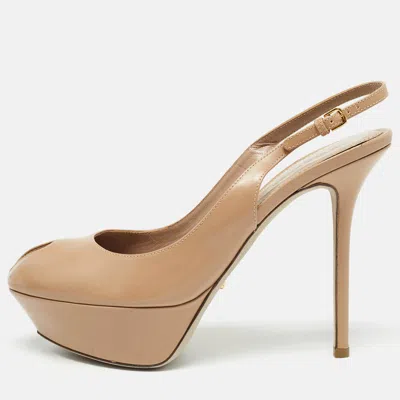 Pre-owned Sergio Rossi Beige Leather Peep Toe Slingback Pumps Size 38.5