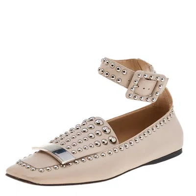 Sergio Rossi Beige Leather Studded Buckle Ankle Cuff Flats In Neutral