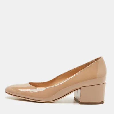 Pre-owned Sergio Rossi Beige Patent Leather Block Heel Pumps Size 34.5 In Sand