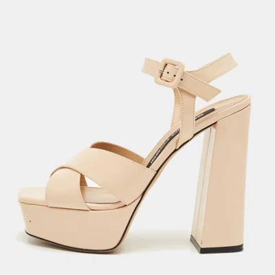 Pre-owned Sergio Rossi Beige Patent Leather Crisscross Ankle Strap Sandals Size 37