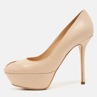 Sergio Rossi Beige Patent Leather Peep Toe Platform Pumps In Brown
