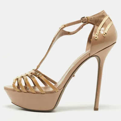 Sergio Rossi Beige Patent Leather Strappy Platform Sandals In Brown