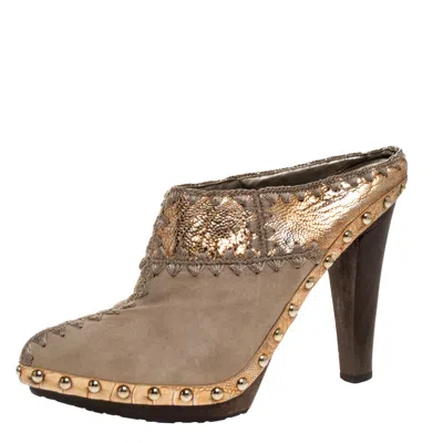 Sergio Rossi Beige Suede Stud Trim Wooden Platform Pointed Toe Mules In Brown