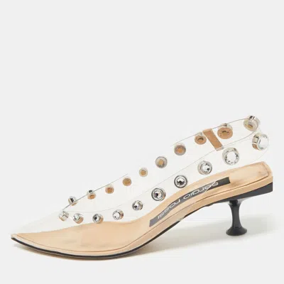 Pre-owned Sergio Rossi Beige/black Pvc Crystals Embellished Slingback Pumps Size 38.5
