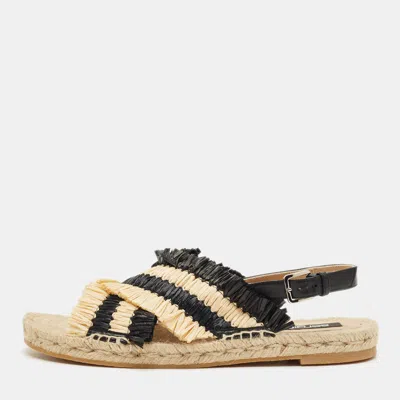 Pre-owned Sergio Rossi Beige/black Raffia And Leather Kauai Espadrille Sandals Size 41
