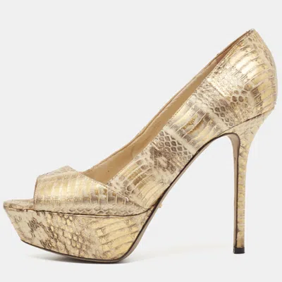 Pre-owned Sergio Rossi Beige/gold Water Snake Embossed Leather Peep Toe Pumps Size 38.5