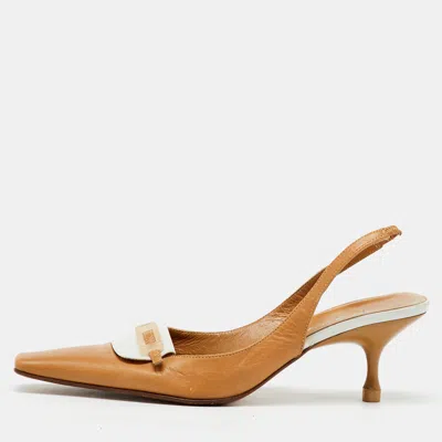 Pre-owned Sergio Rossi Beige/white Leather Slingback Pumps Size 35