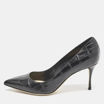 Pre-owned Sergio Rossi Black Croc Embossed Leather Pointed-toe Pumps Size 39