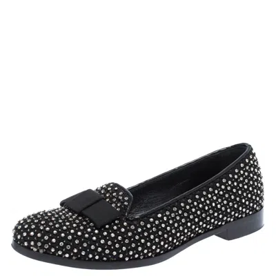 Sergio Rossi Black Crystal Embellished Fabric Bow Detail Flat Loafers